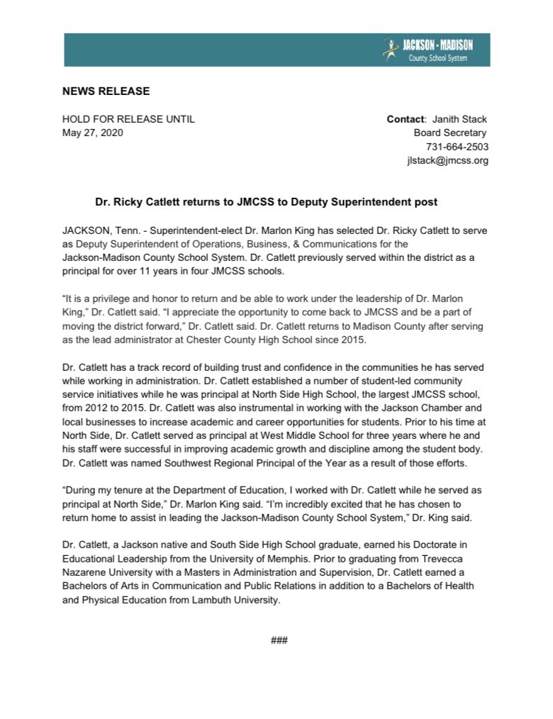 suptking's tweet image. Dr. Catlett, get your bags pack and head home. The clock is ticking and we gotta WIN. Thanks for trusting me enough to be a part of this new journey. 

This administration will work for the people! #buildingaWINNINGteam