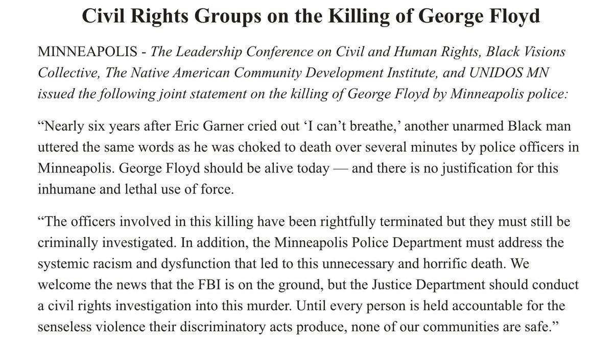 Screenshot of our statement on the killing of George Floyd. The full text of the statement is available at the link in the original tweet.