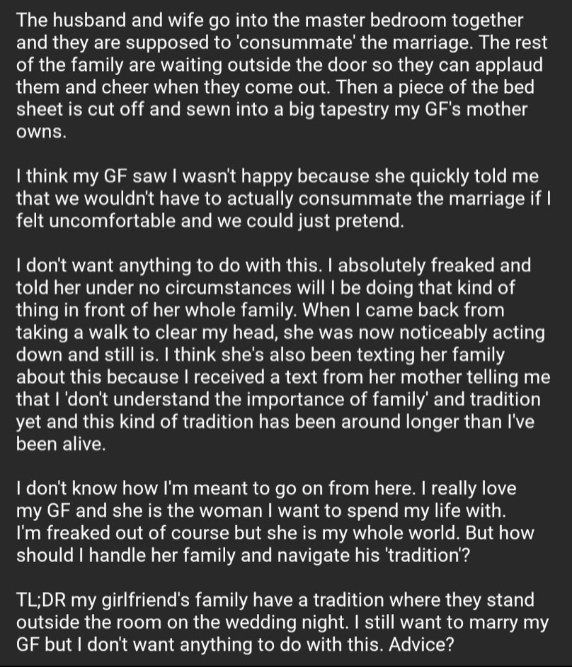 I don't want to take part in my GF's (23F) sex ritual on our wedding night... but I still want to marry her  https://www.reddit.com/r/relationship_advice/comments/gqsqd8