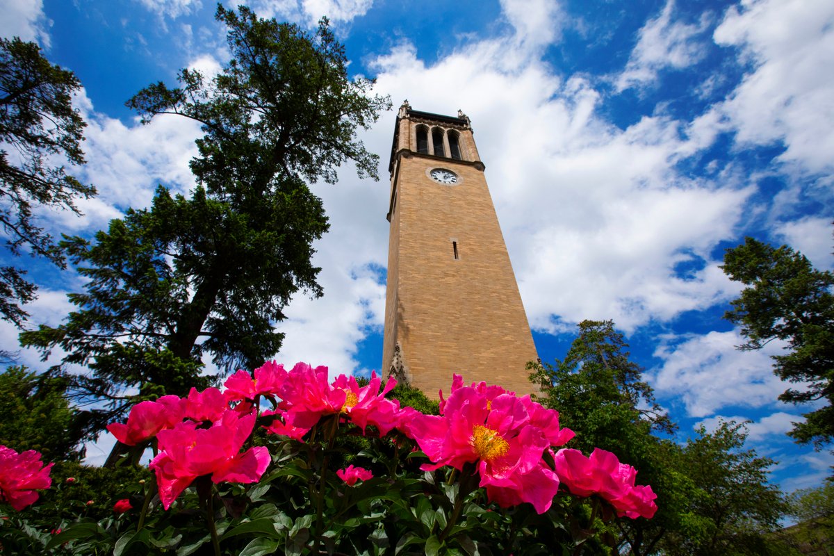 IowaStateU's tweet photo. Today's #CycloneVision features a sunny view of flower blooms at the base of the Campanile during a break between rain storms. https://t.co/9Xcm3iCrKo