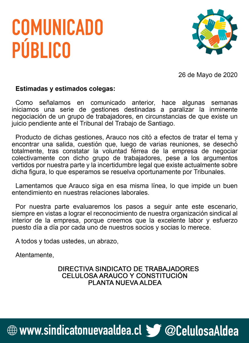 CelulosaAldea's tweet photo. COMUNICADO | @Arauco_cl confirma negociación con grupo de trabajadores pese a existencia de juicio pendiente en Tribunal Laboral de Santiago. Sindicato evalúa pasos a seguir @DirecDelTrabajo https://t.co/7y5alOdj1T