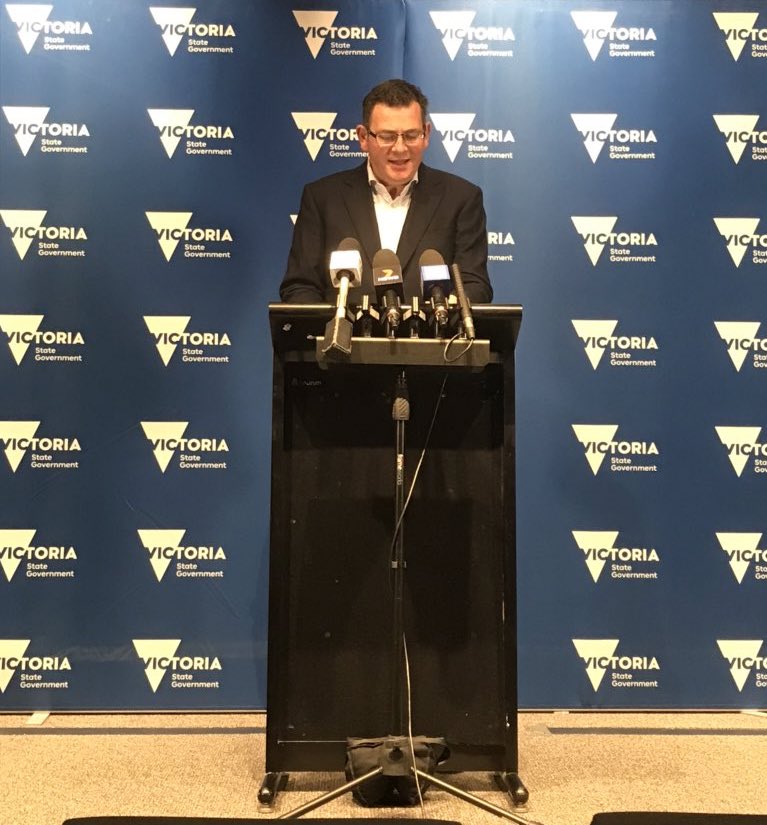 Premier  #dandrews Press Conference : Media wall background is back to Victoria blue from the Corona Purple. : image credit  @andrew_lund  #springst