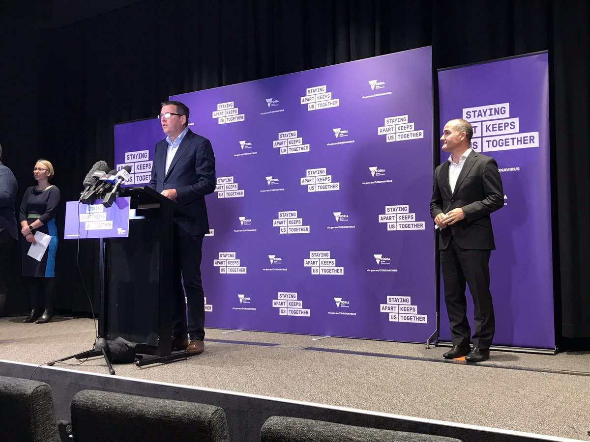Premier  #dandrews Press Conference : Media wall background is back to Victoria blue from the Corona Purple. : image credit  @andrew_lund  #springst