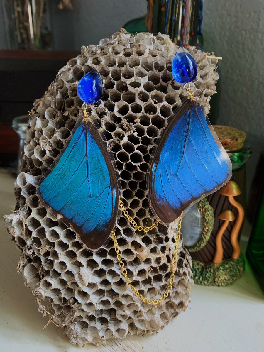 IndigoBonesArt's tweet photo. Blue Morpho Lapel Pins, custom made for the lovely @Veronica29Lee 🌿✨ Each gem was made from resin and filled with blue glass shards https://t.co/D5uKbT6WD8
