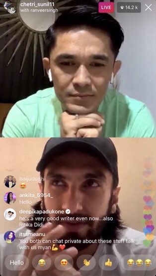 Deepika left comments on Ranveer’s Instagram live with Sunil Chhetri #deepveerDeepika: FYI-the WHOLE family has tuned in!Deepika: he’s a very good writer even now…also Ritika Didi