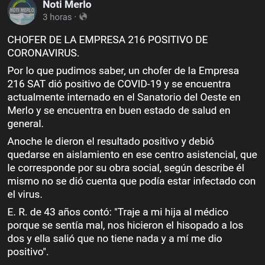 jotaleonetti's tweet photo. POSITIVO #COVID19 EN #LINEA216
#Colectivero internado en el sanatorio de Merlo.
Hay otros 3 chóferes aislados, ya que viajaban juntos en el auto.
📲 @MerloNoti 
https://t.co/P2Ymoo8xX7