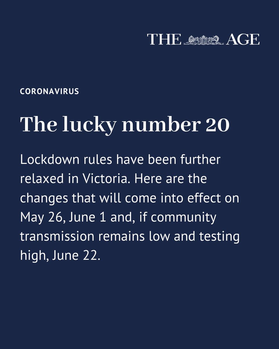 theage's tweet photo. Here's a summary of the changes to Victoria's lockdown restrictions that come into effect on May 26 and June 1, as well as those that could be made from June 22 if community transmission remains low and testing rates stay high. (1/2) https://t.co/7cnujWb5At
#coronavirus #Covid_19 https://t.co/EHWVtWP2jk