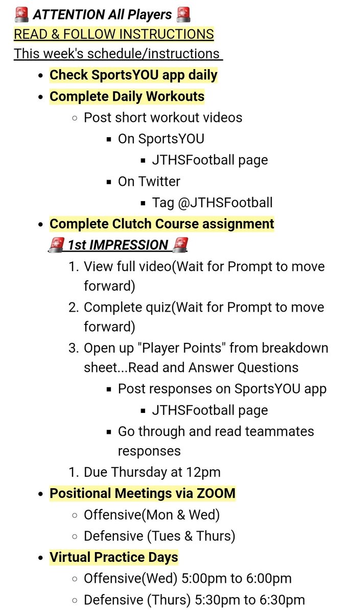 TylerLionsFB's tweet photo. Let's get better this week...
🚩 Read and Follow all instructions on attachments for Workouts, @ClutchCourse, and @sportsYouApp
🚩Be ready for @zoom_us meetings for Offensive &amp; Defensive Days(Take Notes)
Thanks @DanEasonJT and @teamAPEC for home and gym workouts https://t.co/ZJXeHNezMP