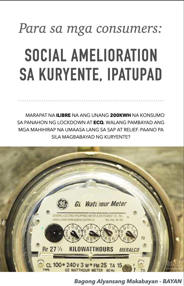 natoreyes's tweet photo. We need social amelioration for electricity consumers who cannot make ends meet let alone pay their bills. Dapat ilibre na ang first 200kWh consumption ng kuryente sa panahon ng lockdown at ECQ. Zero-bill para sa maliliit na consumers. Hindi lang palugit, bawasan ang bayarin! https://t.co/iRIV3MMRwa