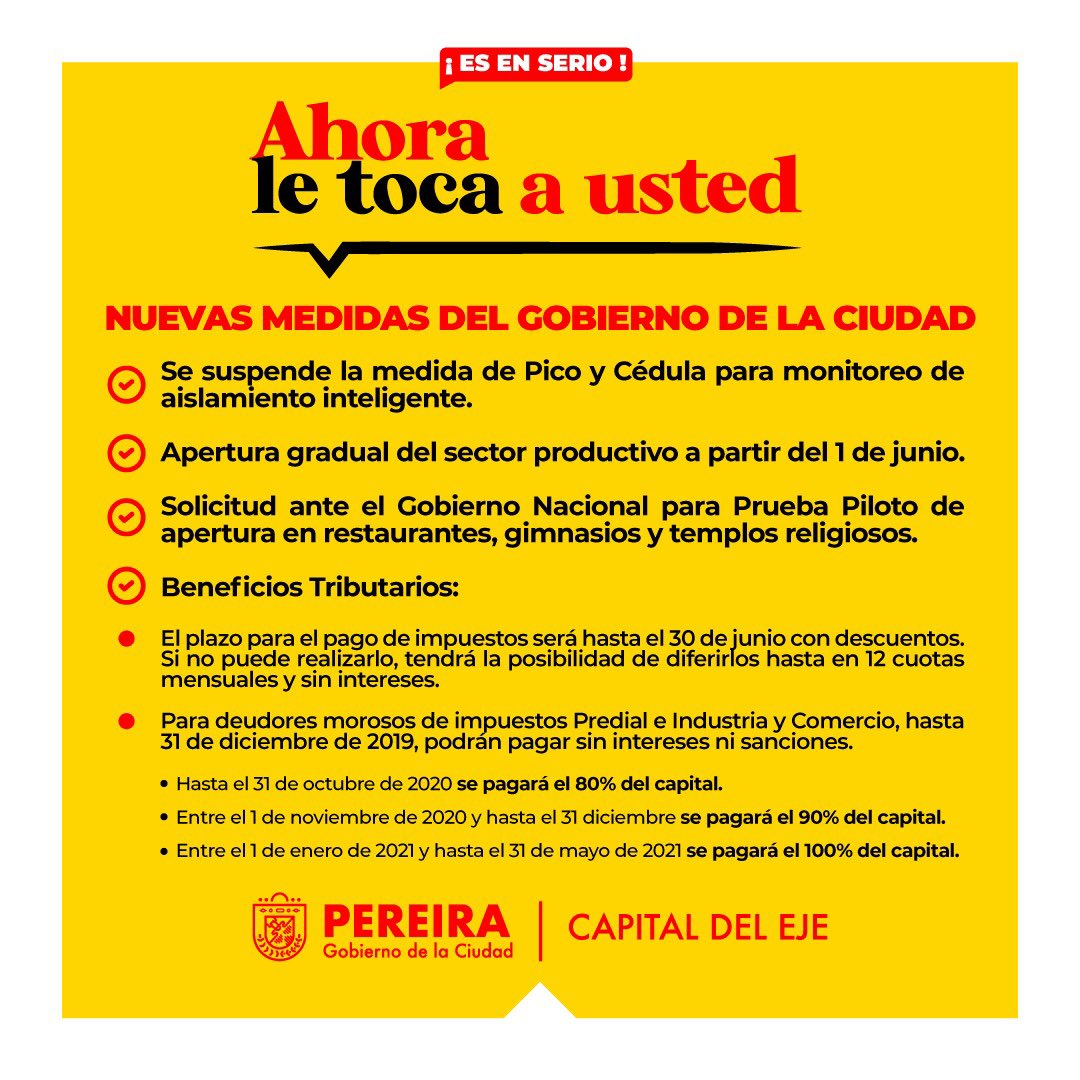 CarlosMayaPei's tweet photo. En el #GobiernoDeLaCiudad empezamos la transición del confinamiento obligatorio al aislamiento inteligente y la apertura productiva gradual. En #Pereira se redujo en estos 30 días, la cantidad de contagiados de 94 a solo 20 sin pacientes Covid hospitalizados.Ahora le toca a usted https://t.co/EPe9WUeDvP