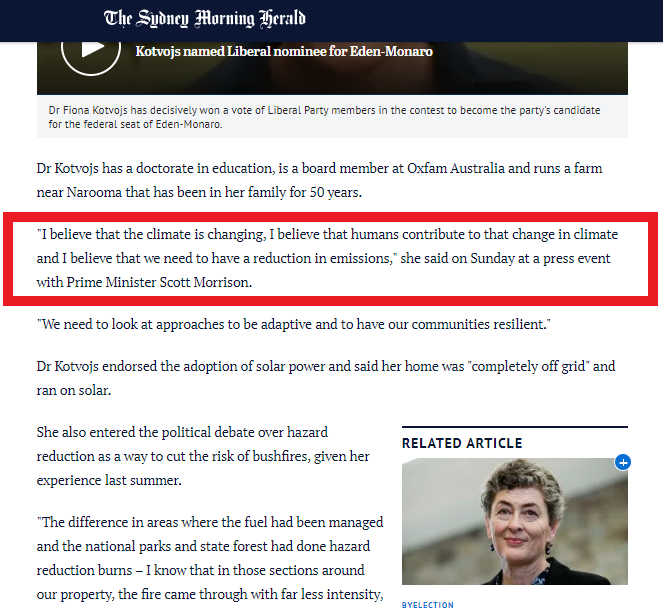 Yesterday Dr Kotvojs said she believes in climate changeIt must be a bone of contention between the couple, if Kotvojs is to be believed then she is trying to convince  #EdenMonaro voters she rejects her husband's climate change viewsI suspect she might be fibbing #auspol