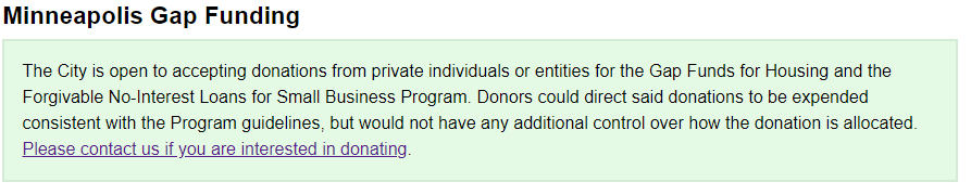 Last thing, regarding MPLS and fundraising: -There's a link to tell the city you are interested in donating to its gap funds-On April 20th I got the attached response from the city-A month later, there's been NO follow up about donating-So...?(12/12)