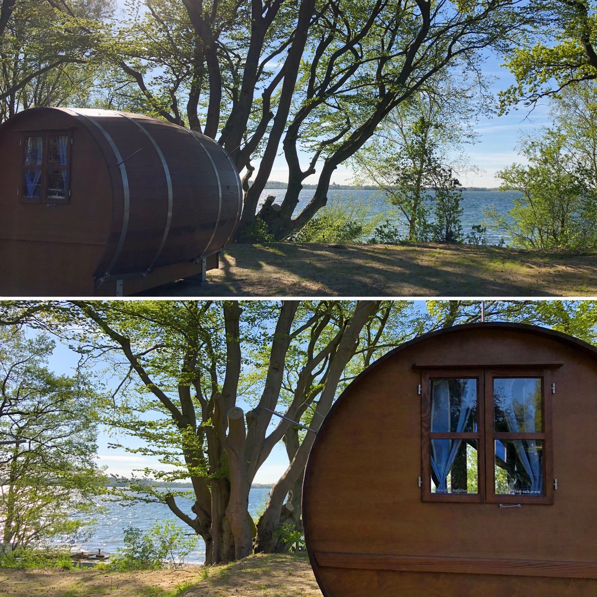 ZweiSeen's tweet photo. Näher am See würde nasse Füße bedeuten: Dann doch lieber im kuscheligen Fassbett liegen, mit Schaukelbank, Terrasse und Sonnenuntergang direkt vor der Fasstür und auf den Plauer See gucken. https://t.co/xE7QtKQbdv
