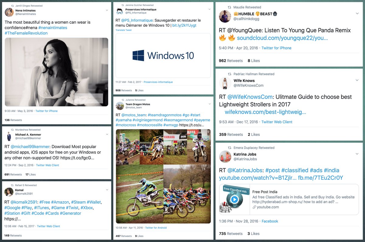 What content does this botnet amplify (or did - the accounts have been mostly silent since 2017)? As with who they follow, it's all over the map. Much is relatively benign advertising/promotions, but we did find both political content and accounts peddling fake engagement.