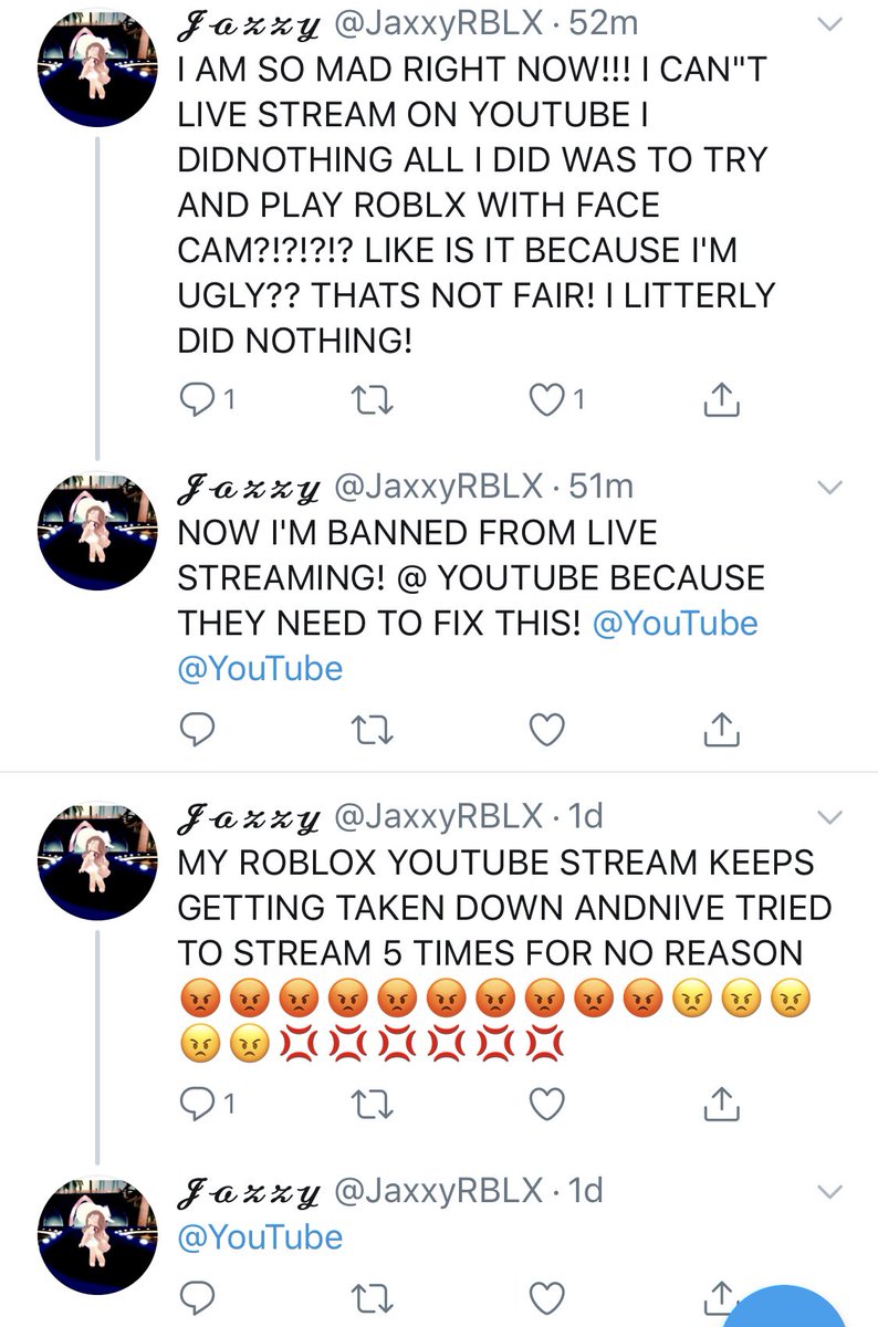 𝓙𝓪𝔃𝔃𝔂 On Twitter I Got Banned From Live Streaming For No Reason My Youtube Is Jaxxy Roblox Get Me Unbanned All I Did Was Use Facecam And Play Roblox Https T Co Sjmqaf9qdi - roblox youtube live now