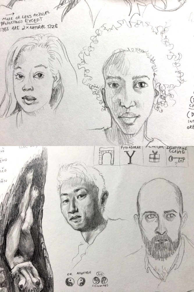 AchronalA's tweet photo. #SketchbookSunday!

#DrawingFaces, practicing #Sketching #NaturalHair, Black and Asian people. The eyes are 2X normal size in the upper drawings, a test of #Cartooning style.

#PortraitSketch #PortraitDrawing #PencilPortrait #Sketchbook #PencilPractice

https://t.co/Y5aU2PIYT1 https://t.co/LK3pbHGuil