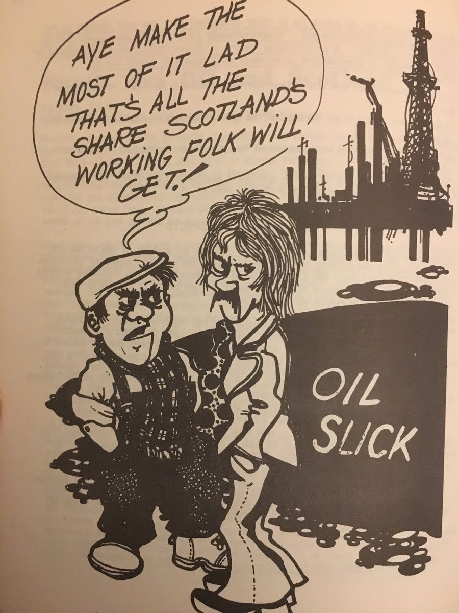 Energy policy and Scotland’s economic development were also recurring feature. This cartoon was a sardonic comment on the multinational’s dominance of North Sea oil production.
