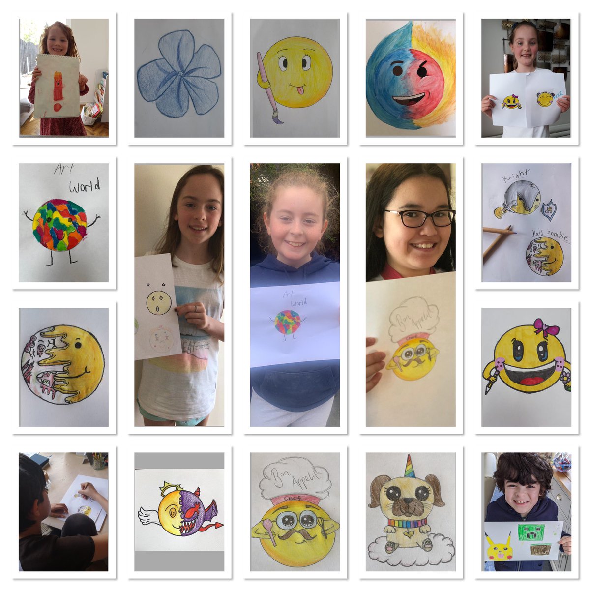 AndyColtart's tweet photo. My online kids art club designed their own emojis on Saturday. https://t.co/yAPUHHtuBr  #kidscreate #lockdownart #artclub #artforfun #artforkids https://t.co/gksognF8yh