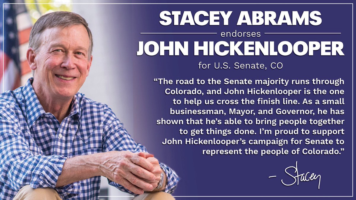  @Hickenlooper  #COSen11important to Coloradans’ everyday lives.John has seen endorsements pour into his campaign from the moment he announced his run. From one of our presidential campaign stars  @amyklobuchar to one of our  #2018Midterm stars  @RepJasonCrow to one of our/12