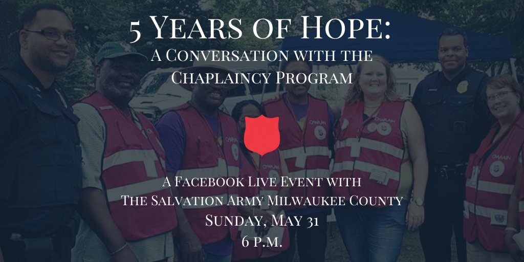 SAmilwaukee's tweet photo. Join us for a conversation with Pastor Alexis, the Chaplaincy Program Coordinator, and a few guests as they discuss the progress of the program and learn what the chaplains do. We hope to see you on our Facebook page! #MKEaDifference #SAChaplains https://t.co/aGMeOPY9vh
