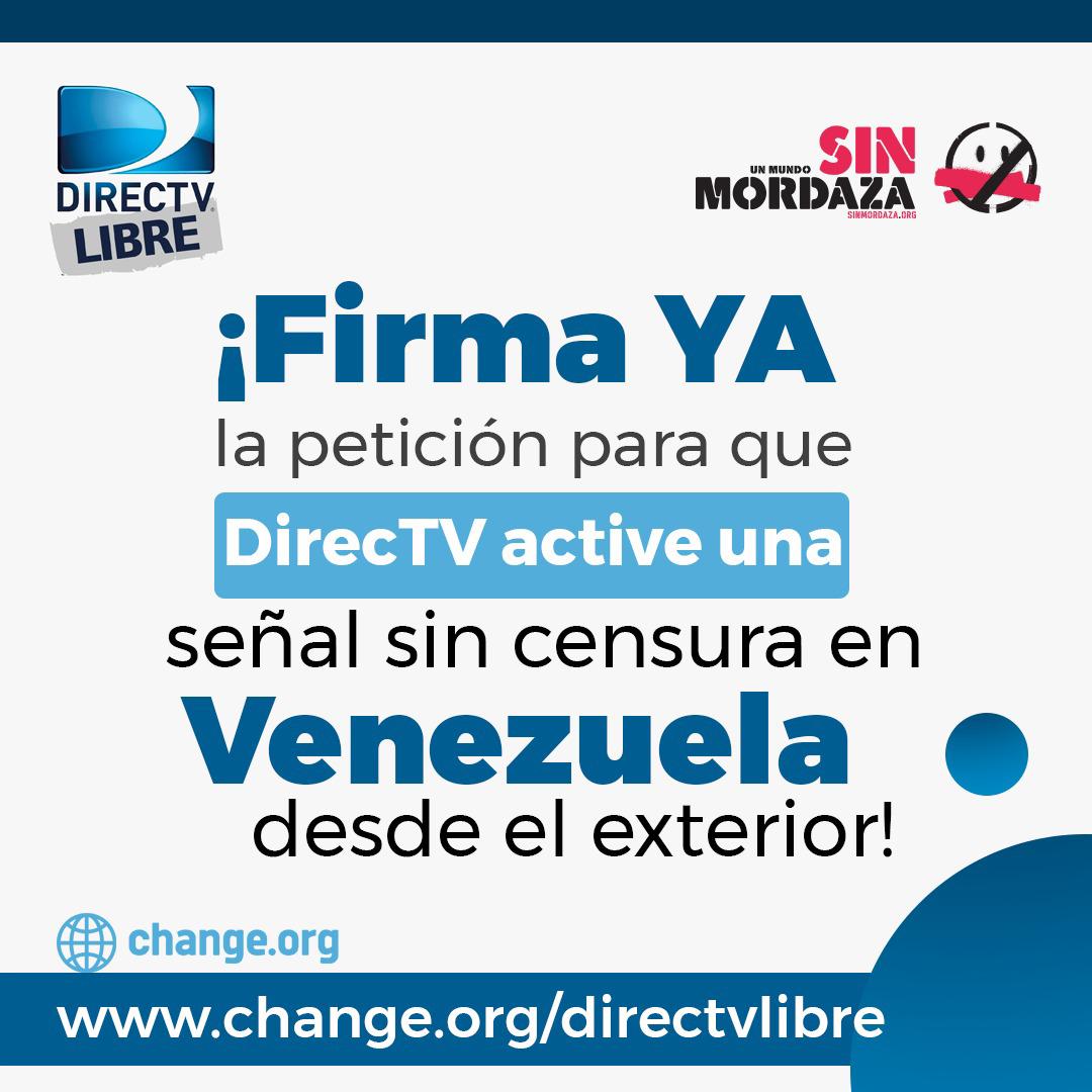 Sinmordaza's tweet photo. Hoy iniciamos una campaña junto a artistas, deportistas, periodistas y figuras públicas para pedirle a la empresa AT&amp;T que active desde el exterior una señal de Directv para Venezuela, libre de censura

¡Únete a la petición en https://t.co/SMJ9SZVdq5! #DirecTVLibre https://t.co/bUfiRkCAay