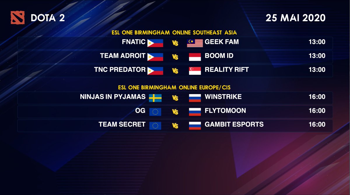 IMP_DOTA2's tweet photo. Programme Dota 2 du 25 mai 2020👇 https://t.co/BjtJwxGUql