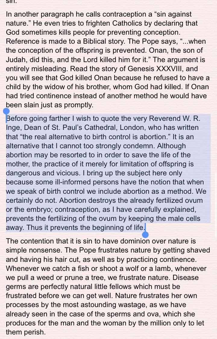 So Margaret Sanger wrote a response to the pope re a debate around contraception and this is what she said Does this fly in the face of what you were taught re her beliefs on abortion?  https://twitter.com/ameen_hga/status/1264670084062220290