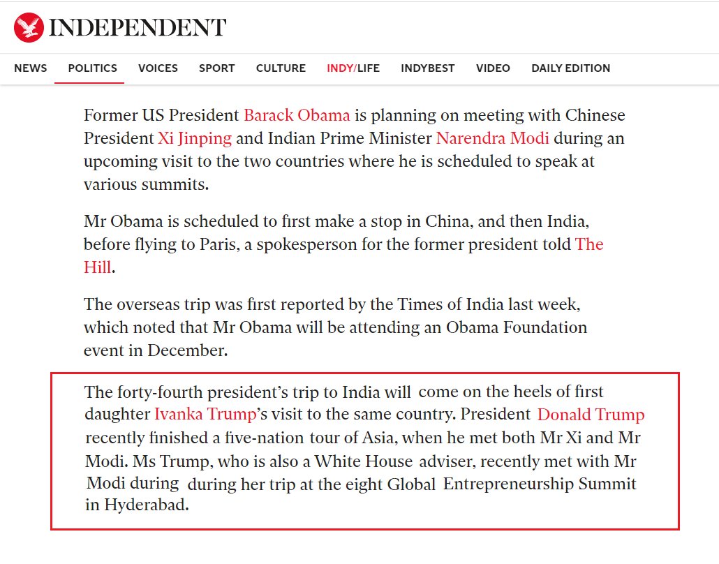 109) In November of 2017, Barack Obama met with the leaders of India and China not long after Donald Trump met with them. https://www.independent.co.uk/news/world/americas/us-politics/obama-china-india-world-leaders-meetings-summit-foundation-latest-a8080951.html