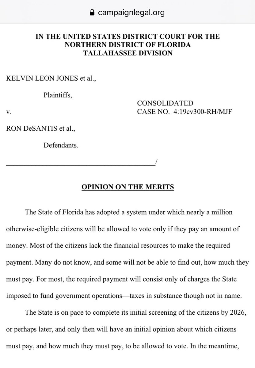 In a 125-page ruling following a full trial, a federal court has ruled Governor DeKlantis is wrong and that the State of Florida can't condition voting rights of indigent ex-felons on the payment of fines or court costsToday's court order is here: https://campaignlegal.org/sites/default/files/2020-05/04916816902.pdf