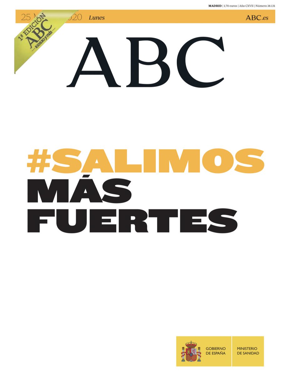 electo_mania's tweet image. ‼️Este lunes los principales periódicos con edición impresa del país llevan una portada especial con un mensaje del Gobierno.

👉🏻En la primera página el mensaje #salimosmasfuertes

👉🏻En la segunda una infografía informativa sobre la fase 1.

electomania.es