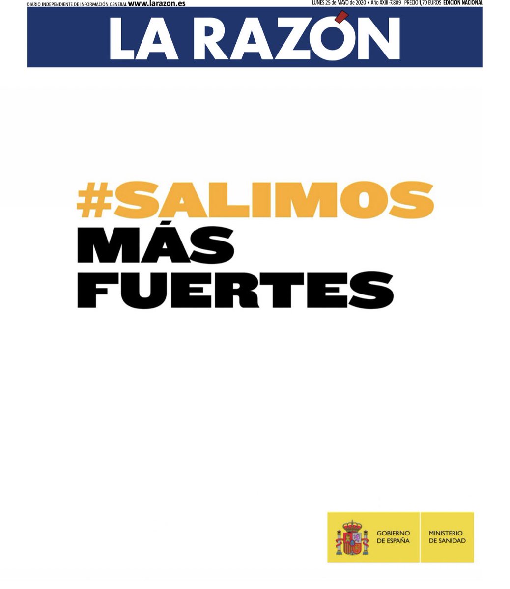 electo_mania's tweet image. ‼️Este lunes los principales periódicos con edición impresa del país llevan una portada especial con un mensaje del Gobierno.

👉🏻En la primera página el mensaje #salimosmasfuertes

👉🏻En la segunda una infografía informativa sobre la fase 1.

electomania.es