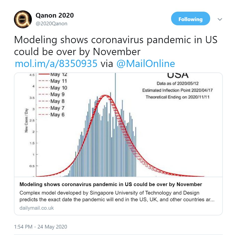 111)  @2020Qanon noted that according to a recent model, the plandemic should be over by November.