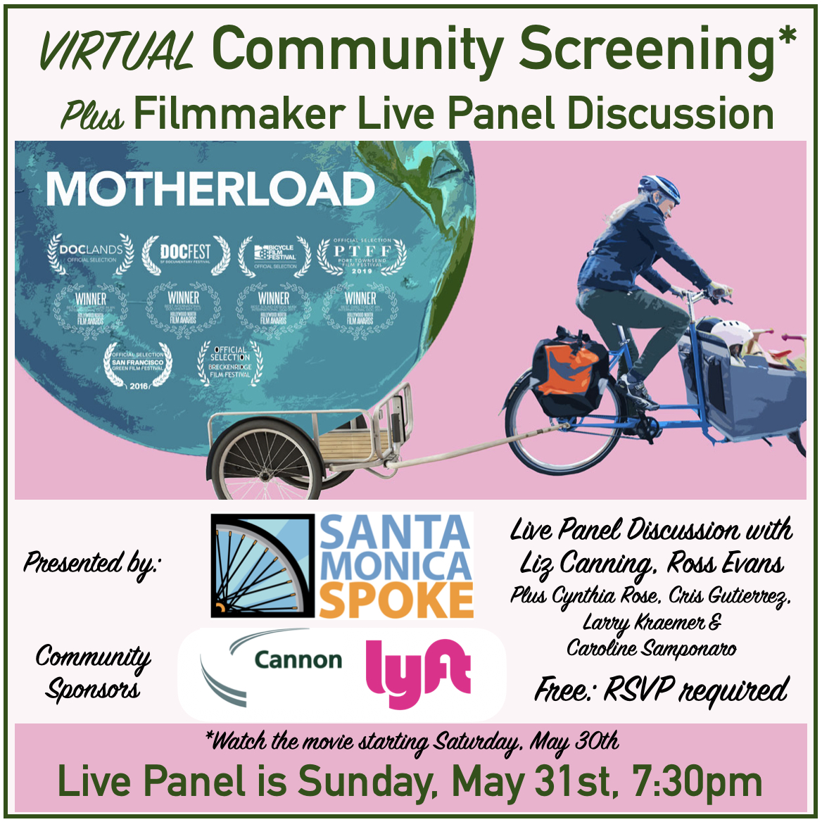 SMSpoke's tweet photo. Online Screening of #MOTHERLOADmovie and Live Panel Discussion. RSVP for a link to watch the film prior to our live panel with Liz Canning & Ross @Xtracycle May 31, 7:30pm #BikesUnite #LessCarMoreGo #BikeLocalSM #GoSaMo #BikeMonthSM @Cannon.Corp @Lyft https://t.co/yM3jzmJ18A https://t.co/rdkn7cc9I4