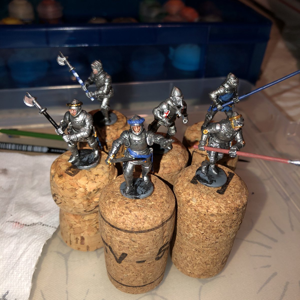 Some  #HundredYearsWar  #Medieval men at arms for the English army. Most units are ready for use if I need them, but I’d stuck these guys on corks for painting and it was really starting to bug me!