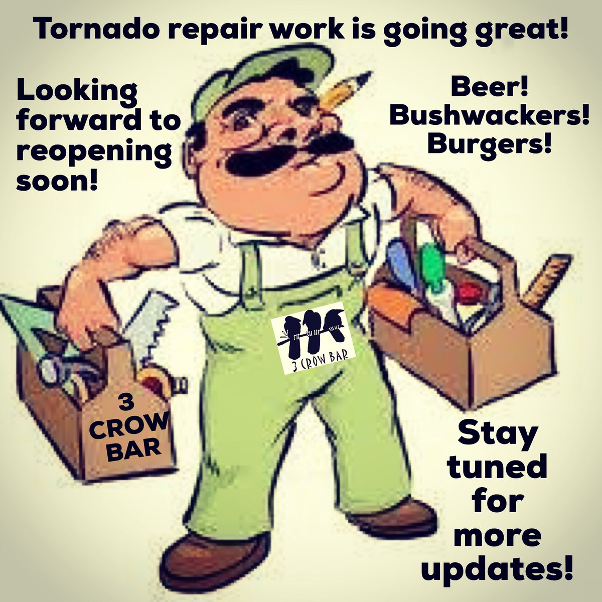 Tornado repairs are almost done! Also trying to figure out out the new health codes so we can do our best to keep everyone as safe as possible once we are able to reopen.  Stay tuned here for more info on reopening date and more!  #eastnashville #nashvillestrong #riseup