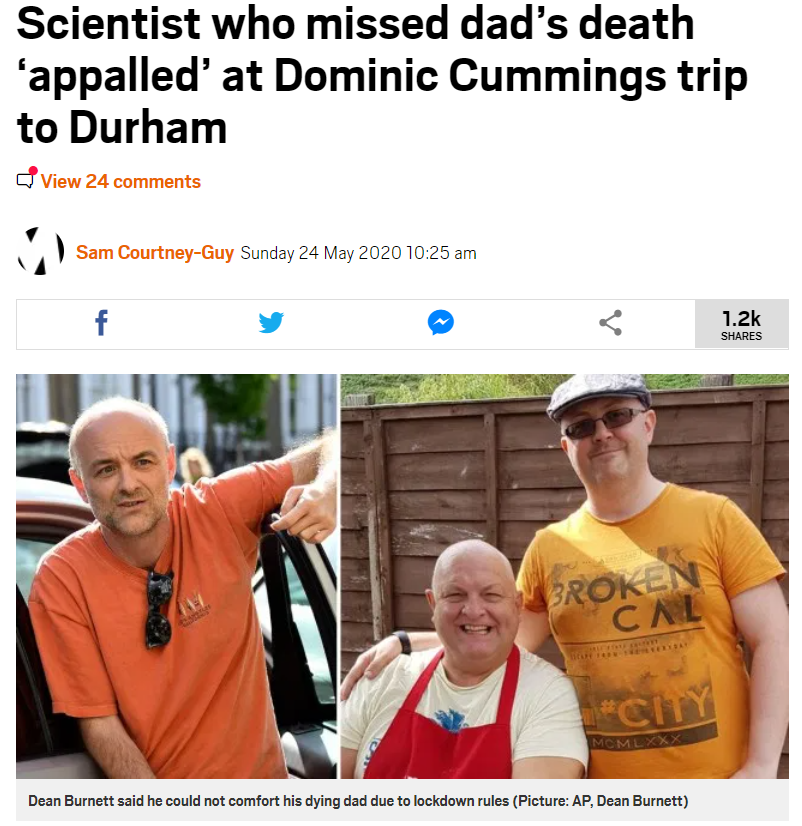 However, since then, without my knowledge, it's been republished in the  @MetroUK,  @WalesOnline,  @DailyMailUK... https://metro.co.uk/2020/05/24/scientist-who-missed-dads-death-appalled-dominic-cummings-trip-durham-12749804/ https://www.dailymail.co.uk/news/article-8352235/Scientist-dying-fathers-condemns-Dominic-Cummings.html  https://www.walesonline.co.uk/news/uk-news/dominic-cummings-coronavirus-lockdown-rules-18303348/4