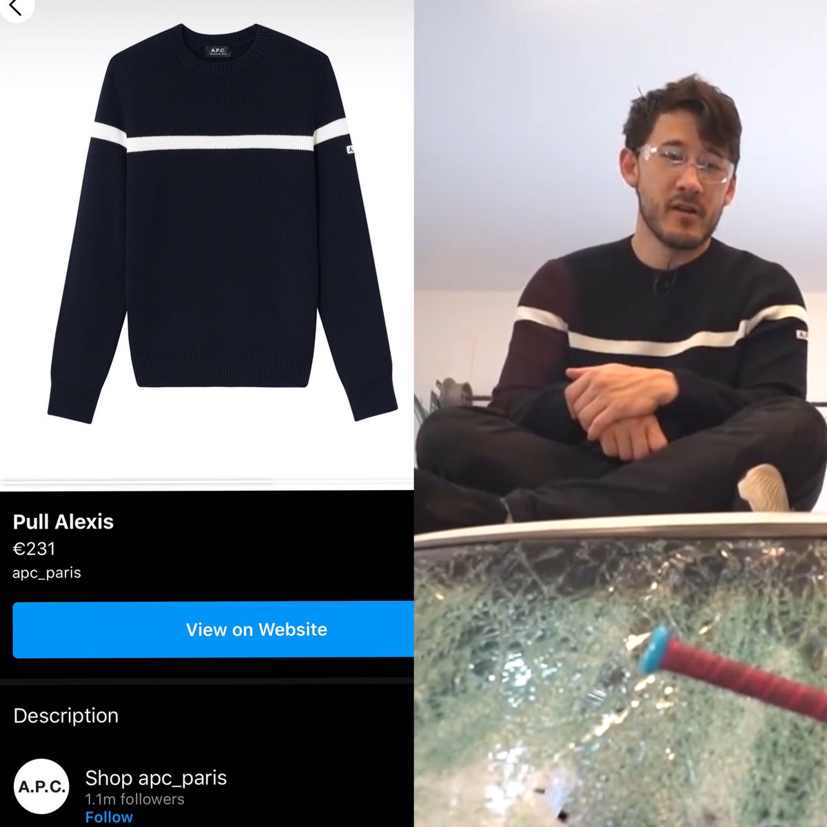 Found this pretty knitted sweater! This is the “Alexis” sweater by A.P.C. This one is unfortunately sold out and not on the website anymore (only on instagram) BUT i’ve found a site where it’s still available and for like half of the original price:  https://www.slamjam.com/en_US/man/clothing/knitwear/crewneck-sweaters/a.p.c./alexis-sweater/J148793.html