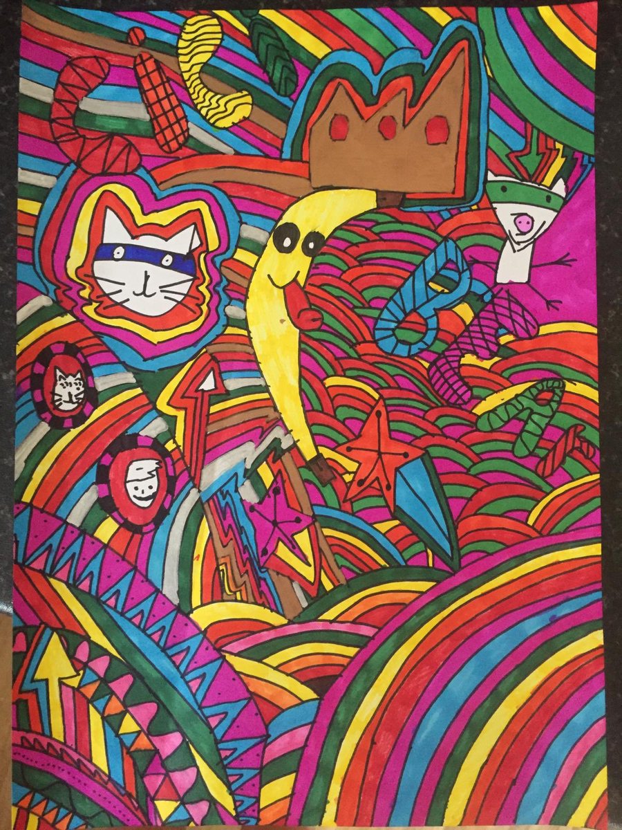 @LizPichon Proud to show you the work of my 10 year old son, Zach who has developed his own distinctive style influenced by your #Tomgatesbooks. Featuring our cat Cici! Having a creative outlet has been so important to him during these tricky times #MentalHealthMatters