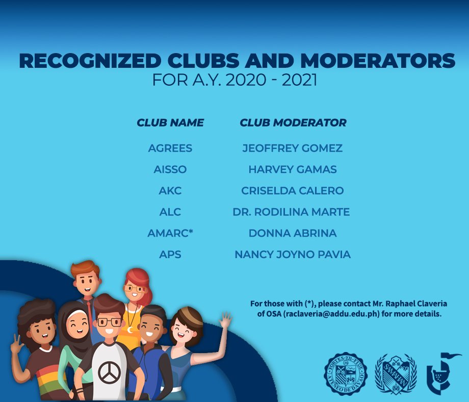 AdduOsa's tweet photo. Attention: After due deliberation, the Student Affairs Committee (SAC) approved the renewal and recognition of clubs for AY 2020-2021. The basis for evaluation was the performance of clubs the previous school year following the provisions of the 2019 Student Handbook. https://t.co/jWHjaPfra2