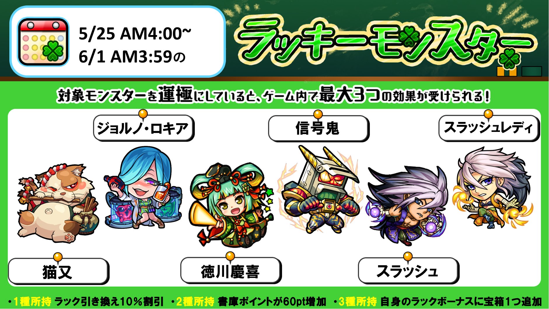 モンスターストライク公式 モンスト 今週のラッキーモンスター 本日 5 25 Am4 00 6 1 月 Am3 59の対象モンスターはこちら 対象モンスターを運極にしていると 運極にしている種類数に応じてゲーム内で最大3つの効果を受けられます