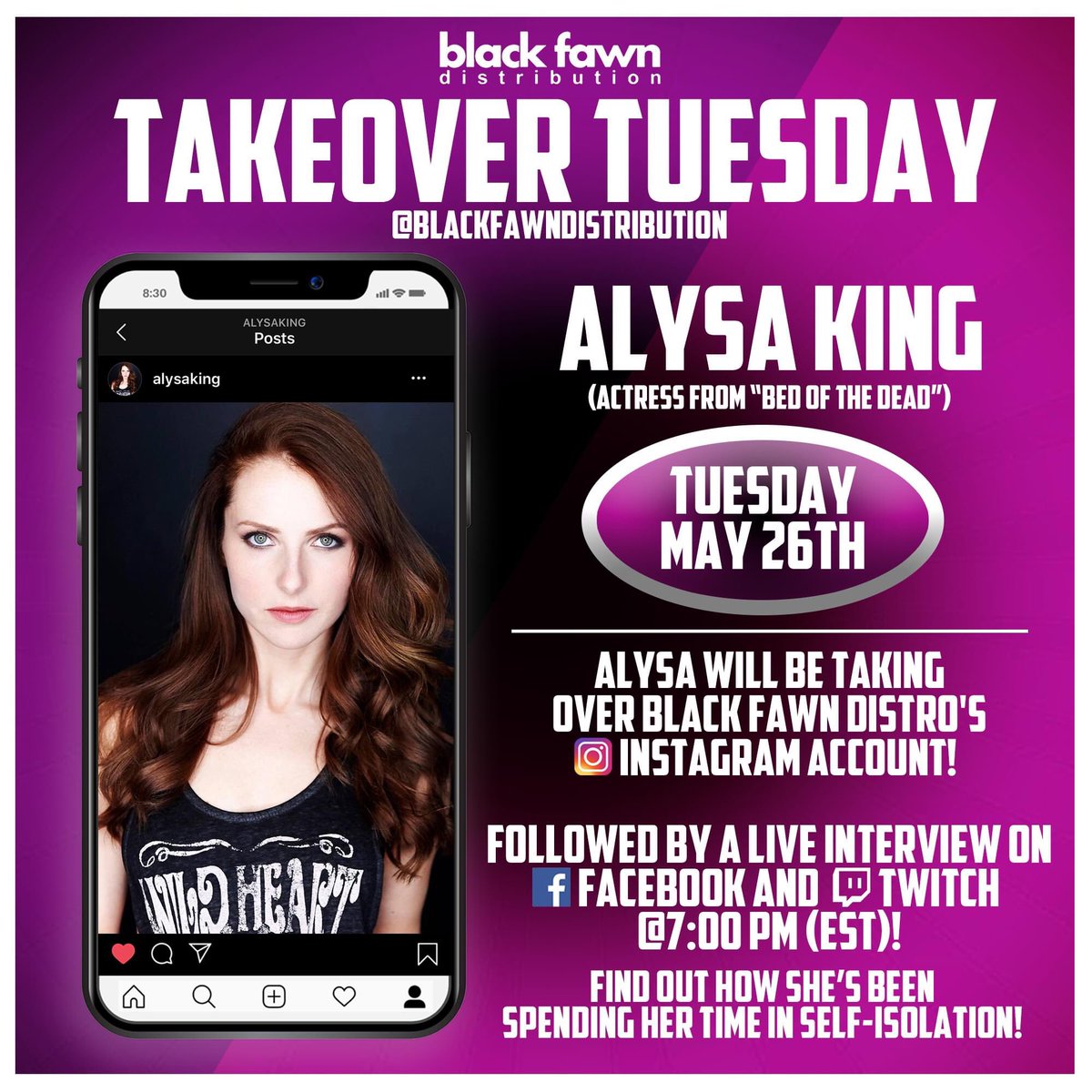 We're pleased as punch to announce that actress <a href="/alysaking/">Alysa King</a> will be taking over our Instagram account on May 26th as part of our #TakeoverTuesday series. Alysa will be posting throughout the day on our Instagram &amp; then joining us for a interview #LIVE on our #Facebook &amp; #Twitch