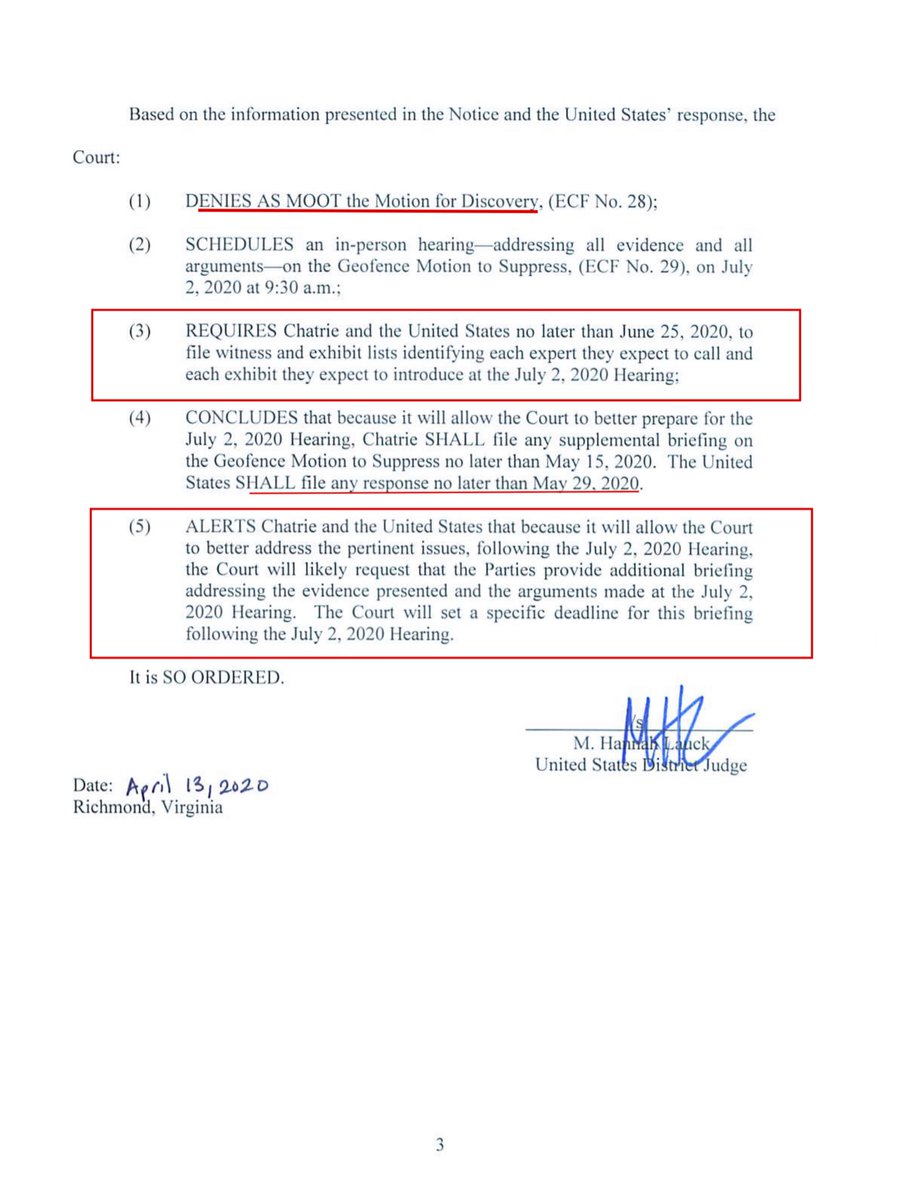 I decided to look back in the docketTo as set your expectations of what’s next;• USA to respond to Chatrie Supplemental MTS geofencing evidence DUE on May 29th• June 25th parties file witness list• July 2, 2020 - in person hearing (provided the EDVA doesn’t issue a new GO)