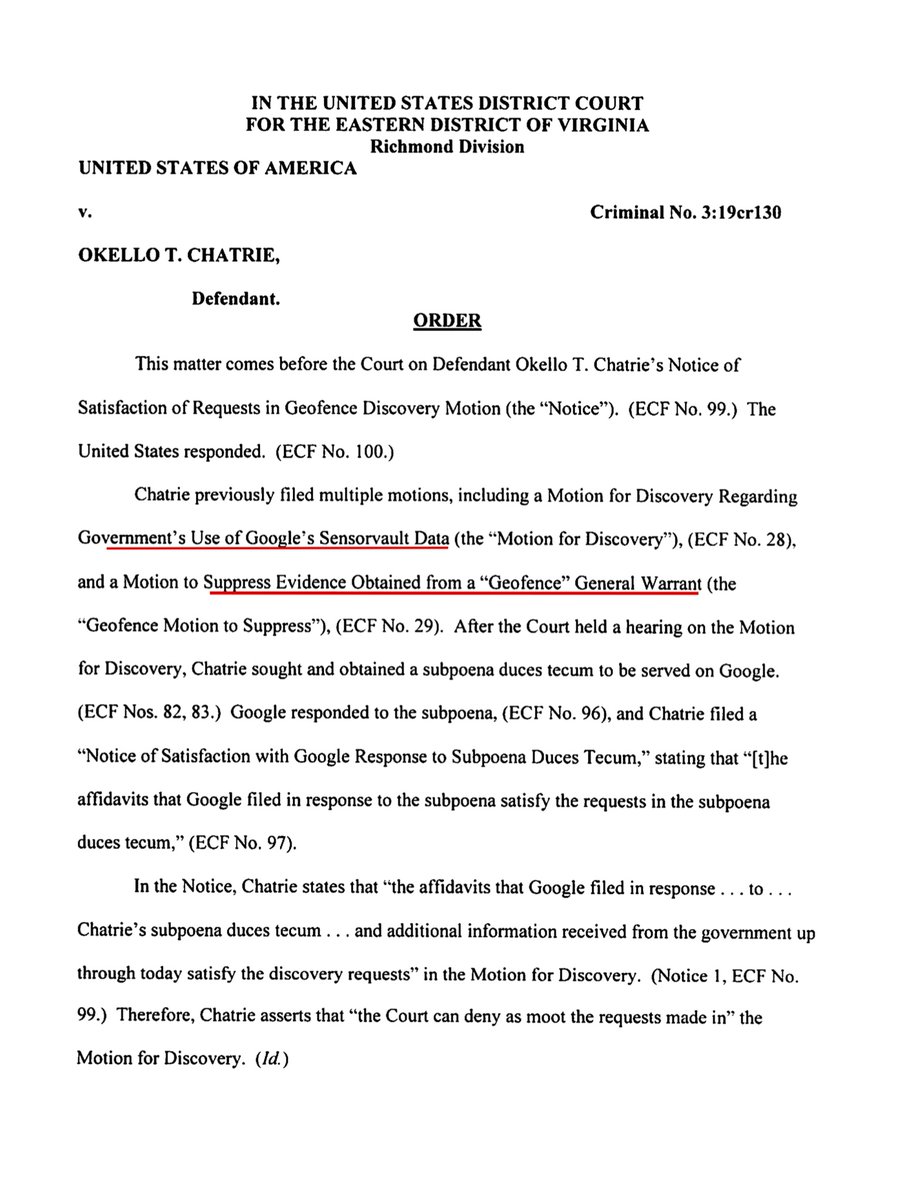 I decided to look back in the docketTo as set your expectations of what’s next;• USA to respond to Chatrie Supplemental MTS geofencing evidence DUE on May 29th• June 25th parties file witness list• July 2, 2020 - in person hearing (provided the EDVA doesn’t issue a new GO)