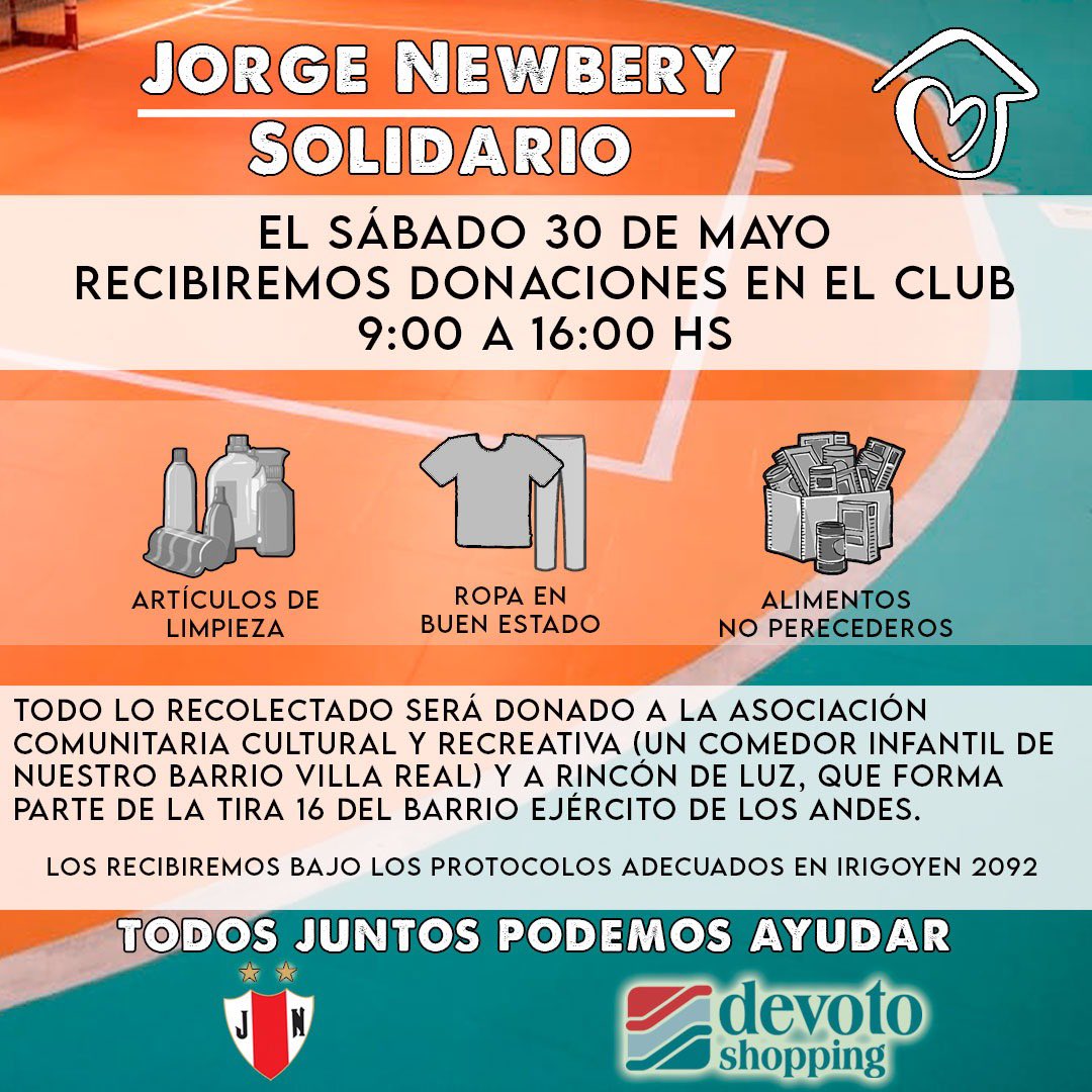 ¡Jorge Newbery Solidario! 🏠

El próximo sábado 30 de mayo recibiremos donaciones en el club de 9 a 16 hs para ayudar a dos comedores infantiles.

Los recibiremos bajo los protocolos de higiene y seguridad correspondientes.

¡Entre todos podemos ayudar! 🔴⚪️
