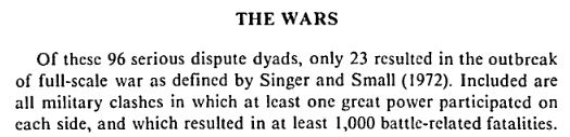 For his outcome variable, Wallace identified which of these dyads entered war (23 out of 99).Note: I think the 96 is a typo