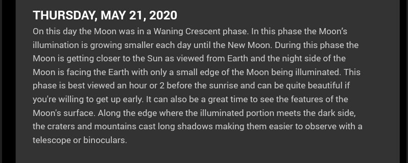 I still haven't got my sleep because of this. And it says "CRESCENT BECOME A FULL MOON". I have so many questions running in my mind an hour ago. How did they came up with this?? Okay, so they posted it on May 21,2020 (Thurs). On that day, the Moon was in a Crescent phase.  +