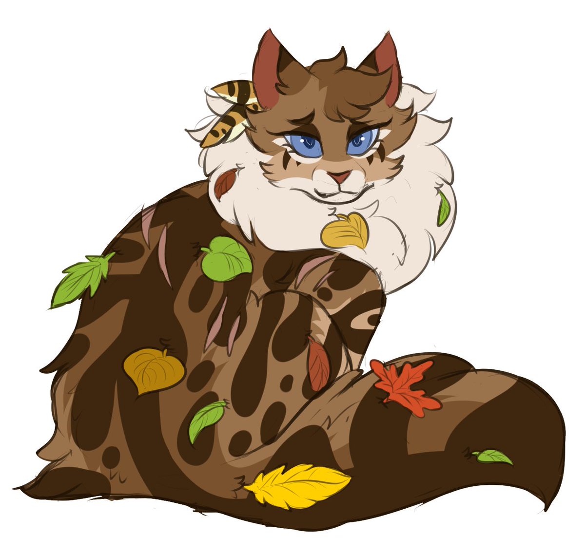 Lakeflame, she's native coded. She likes to decorate her fur with leaves and is typically seen with owl feathers as well from a self-inflicted rite of passage to honor how she became a warrior!
