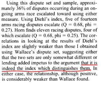 She reevaluates all of the previous work. She finds that the differences between Diehl and Wallace is largely due to differences in measuring arms race (namely, the weights they place on the pre-ceeding years)
