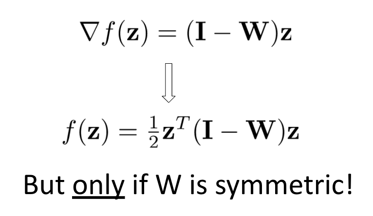 4/8 To find f(z) explicitly, we could integrate the expression for f(z). But the integration step works ONLY if W is symmetric -- that's because we are integrating the gradient of a *scalar function*, which must be curl-free. A symmetric W ensures integrability.
