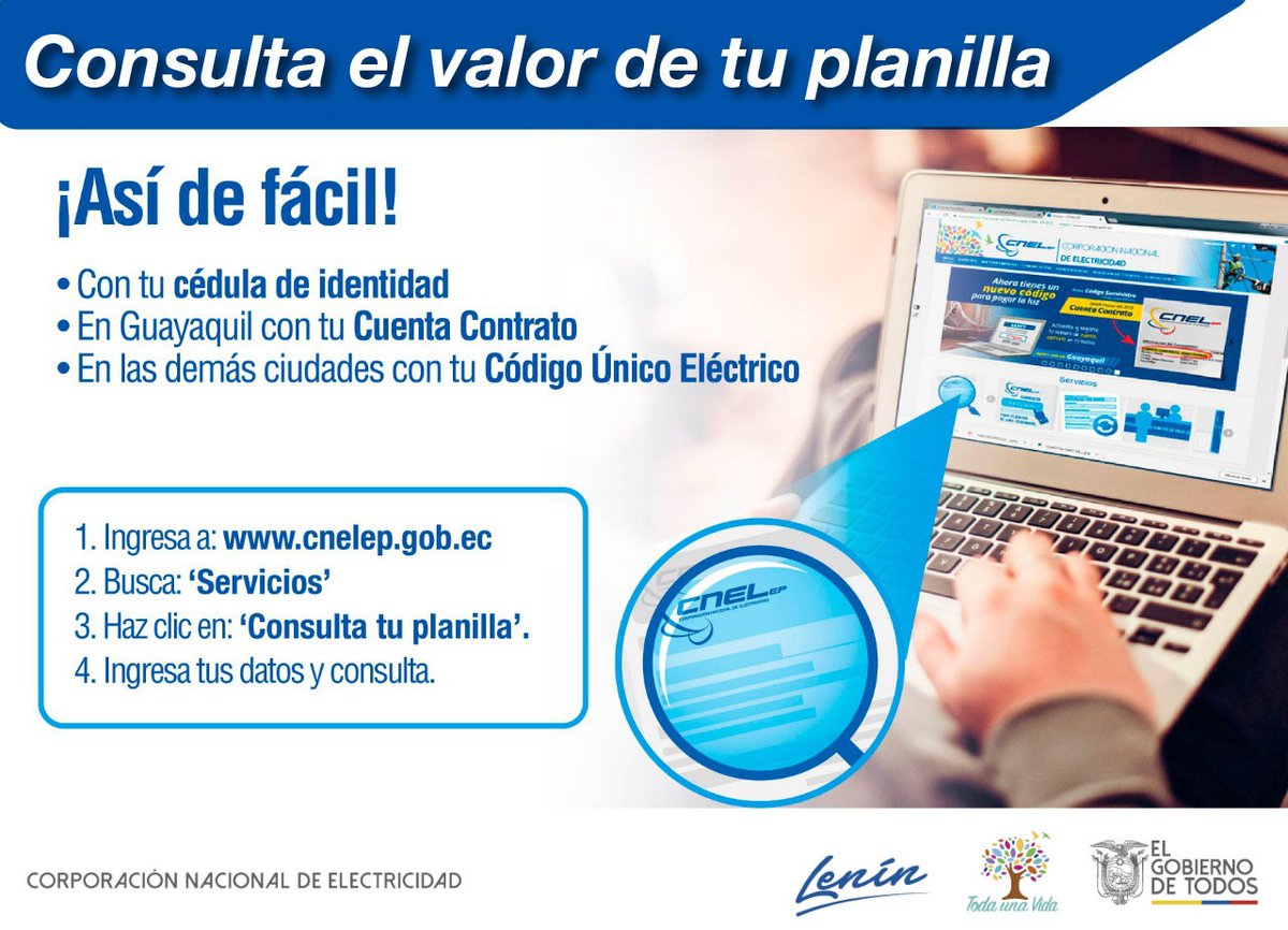 CNEL_EP's tweet photo. #AsíDeFácil | Consulta tu planilla de luz a través de nuestra página web: https://t.co/BzFrAU3he9.

#SectoresQueTrabajanPorTi https://t.co/KExBx3Oghg